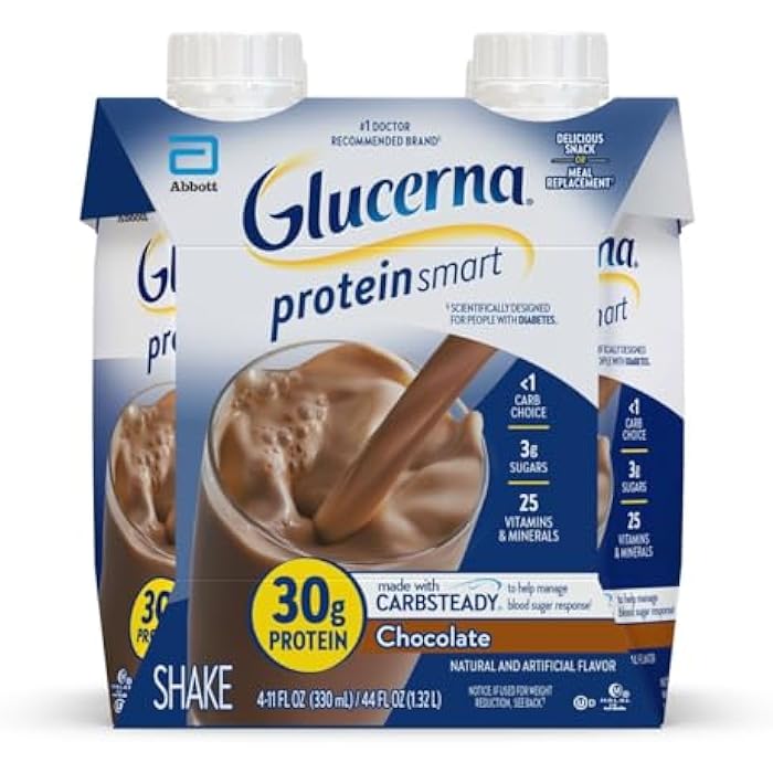 Glucerna مشروب جلوكيرنا بروتين سمارت لرعاية مرضى السكري، شوكولاتة، بديل وجبة لمرضى السكري لدعم إدارة مستوى السكر في الدم، 30 جرام بروتين، 150 سعرة حرارية، جاهز للشرب، زجاجة سعة 11 أونصة سائلة، 4 عبوات - Image 1