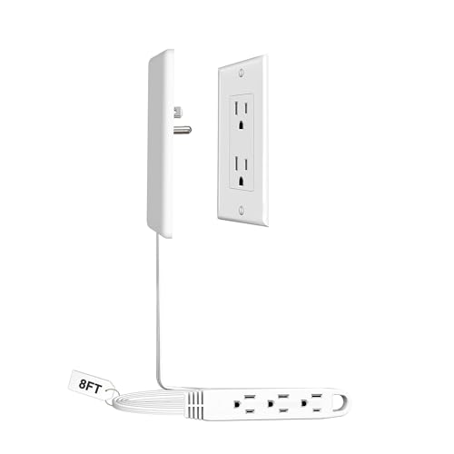 CABOCASA 8FT Ultra Flat Plug Extension Cord Power Strip with 3 Outlets, Patented Detachable Ultra-Thin Outlet Cover Concealer & Ultra-Flat Plug, Max. 13A 125V 1625W ETL Listed, White Color - Image 1