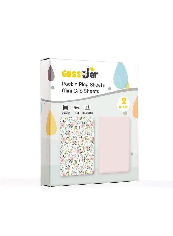 GRSSDER مجموعة شراشف GRSSDER القابلة للتمدد من الجيرسي الناعم للغاية، مجموعة من 2، شراشف سرير محمول/ميني، شراشف آمنة ومريحة لملعب الأطفال، طباعة وردية أنيقة - Image 2