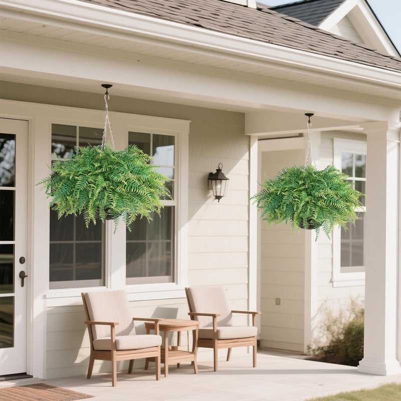 Juxdp Artificial Ferns Plants with Hanging Basket-2 Set for Outdoor Decoration,Fake Boston Fern Hanging Planters Faux Greenery UV Resistant for Front Porch Patio Garden Farmhouse Home Decor (Green) - Image 3