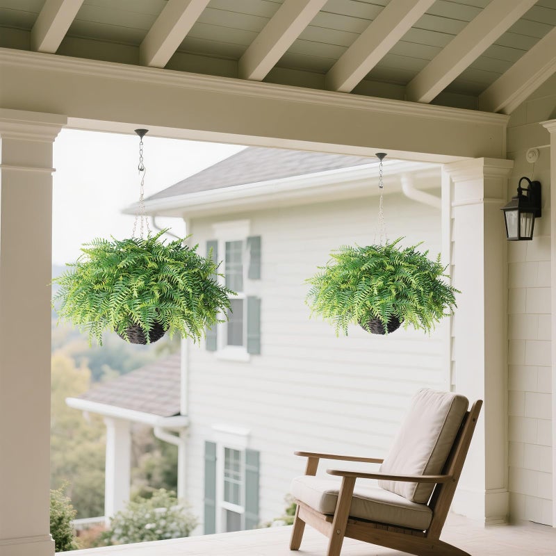 Juxdp Artificial Ferns Plants with Hanging Basket-2 Set for Outdoor Decoration,Fake Boston Fern Hanging Planters Faux Greenery UV Resistant for Front Porch Patio Garden Farmhouse Home Decor (Green) - Image 2