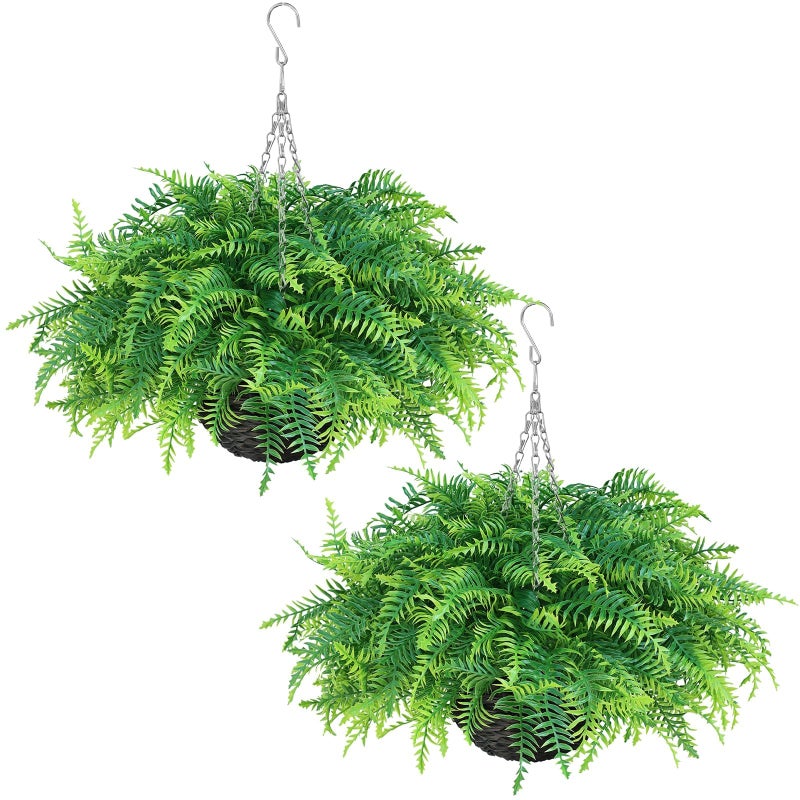 Juxdp Artificial Ferns Plants with Hanging Basket-2 Set for Outdoor Decoration,Fake Boston Fern Hanging Planters Faux Greenery UV Resistant for Front Porch Patio Garden Farmhouse Home Decor (Green) - Image 1