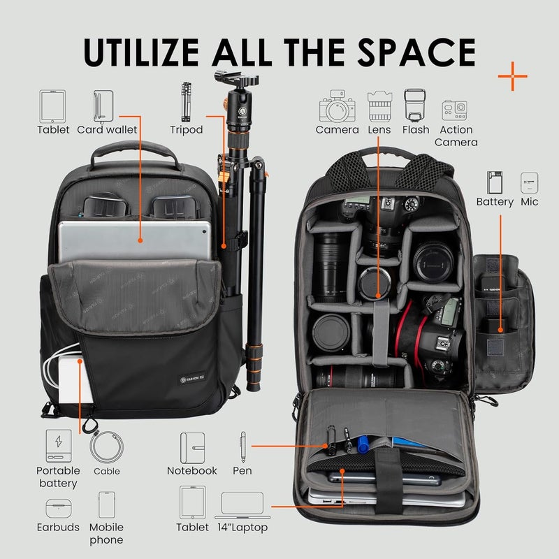 TARION Camera Bag Sling Camera Shoulder Bag Waterproof Photo Backpack SLR with Rain Cover Camera Bag Compatible with DSLR SLR Camera Lens Tripod (TR-S, Black) - Image 2