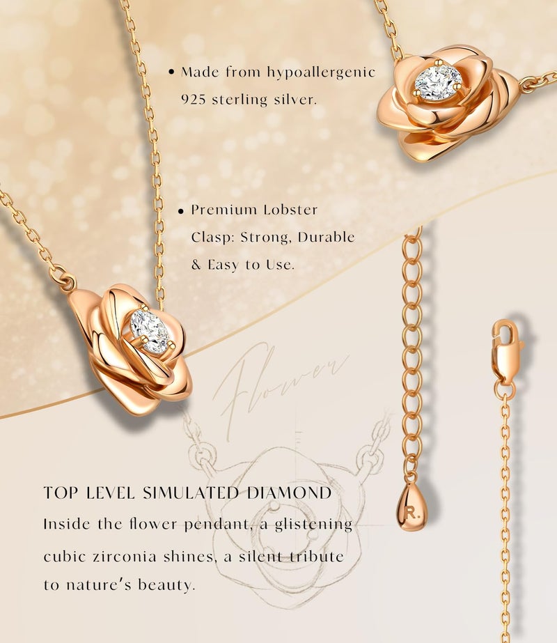Raneecoco Rose Flower Necklace Rose Gold Plated Sterling Silver Pendant Jewelry for Women, Hypoallergenic & Nickel Free - Image 3