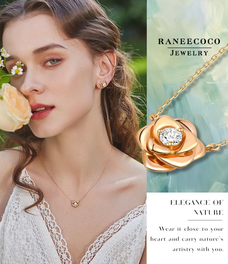 Raneecoco Rose Flower Necklace Rose Gold Plated Sterling Silver Pendant Jewelry for Women, Hypoallergenic & Nickel Free - Image 2