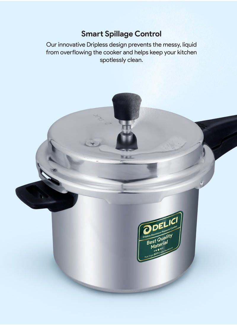 DELICI - 5Liters Dripless 5-Litre Pressure Cooker (ADPC5E) - Premium Virgin Aluminium, Smart Spillage Control, High Thermal Heating, Quality Regulator, Leak-Free Lid, Heat-Proof Handle, Anti-Bulging Bottom Dripless Pressure Cooker 5 LTR - Image 1