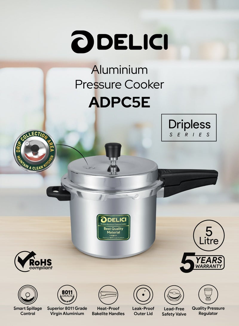 DELICI 5Liters Dripless 5-Litre Pressure Cooker (ADPC5E) - Premium Virgin Aluminium, Smart Spillage Control, High Thermal Heating, Quality Regulator, Leak-Free Lid, Heat-Proof Handle, Anti-Bulging Bottom Dripless Pressure Cooker 5 LTR - Image 2