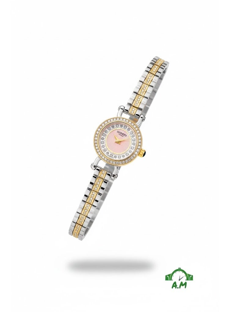 هيرميس ساعة هيرميس باريس النسائية ثنائية اللون من الفضة والذهب مع مينا وردي وإطار مرصع بالكريستال