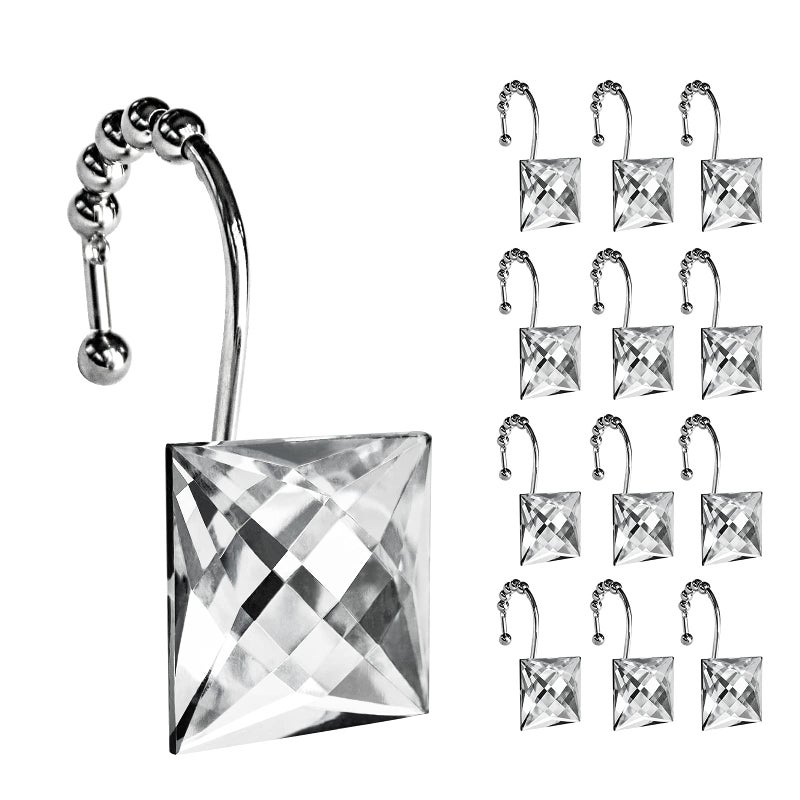 Sunlit Sunlit Luxury Design Square Clear Diamond Crystal Gem Bling with Glide Balls Shower Curtain Hooks Rust Proof Metal Rhinestones Glam Shower Curtain Rings12 Pack 