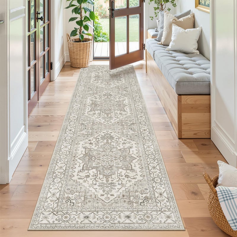 Madane Runner Rug 2x8, Washable Hallway Runner Rugs, Non-Slip Low-Pile Soft Kitchen Rug Runner Laundry Room Rug, Vintage Throw Entry Foyer Mat for Entrance Living Room (Beige/Brown, 2 x 8) - Image 2