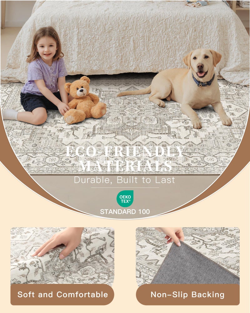 Madane Runner Rug 2x8, Washable Hallway Runner Rugs, Non-Slip Low-Pile Soft Kitchen Rug Runner Laundry Room Rug, Vintage Throw Entry Foyer Mat for Entrance Living Room (Beige/Brown, 2 x 8) - Image 4