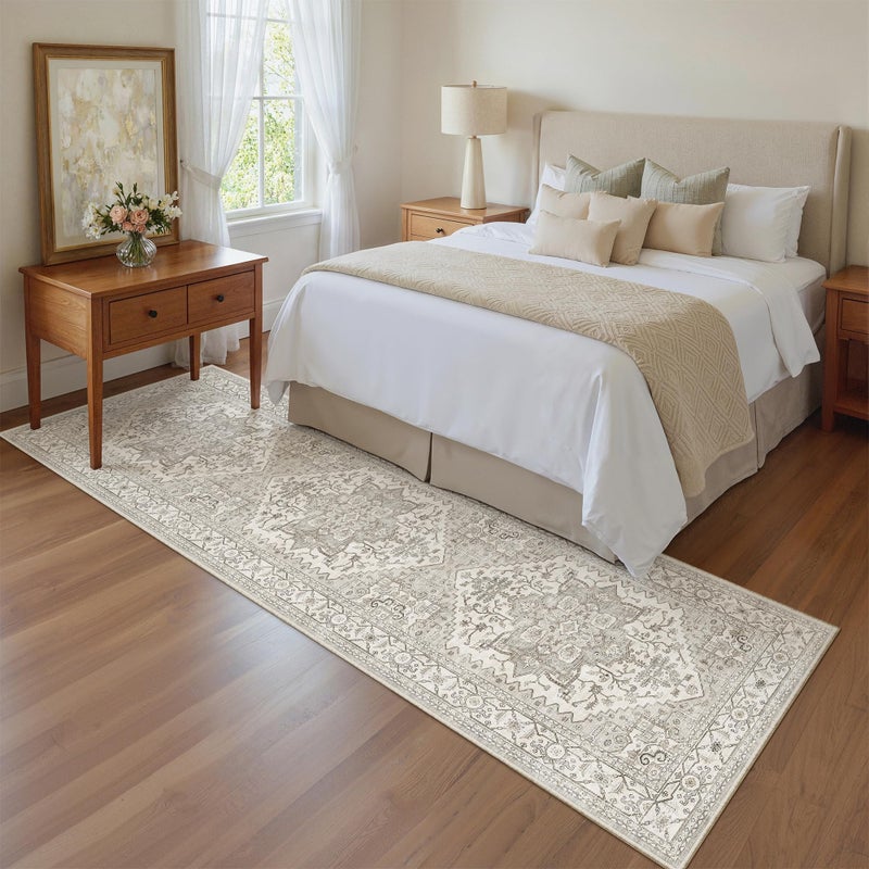 Madane Runner Rug 2x8, Washable Hallway Runner Rugs, Non-Slip Low-Pile Soft Kitchen Rug Runner Laundry Room Rug, Vintage Throw Entry Foyer Mat for Entrance Living Room (Beige/Brown, 2 x 8) - Image 3