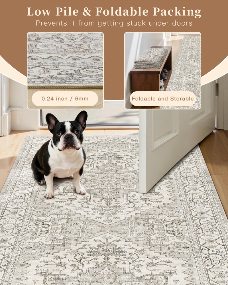 Madane Runner Rug 2x8, Washable Hallway Runner Rugs, Non-Slip Low-Pile Soft Kitchen Rug Runner Laundry Room Rug, Vintage Throw Entry Foyer Mat for Entrance Living Room (Beige/Brown, 2 x 8) - Image 5