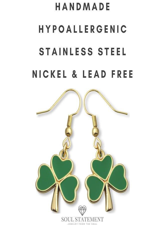 Soul Statement Shamrock Green Dangle Earrings: Green Clover Dangling Earrings for Women - St Patrick's Day Accessories (Gold) - Image 3