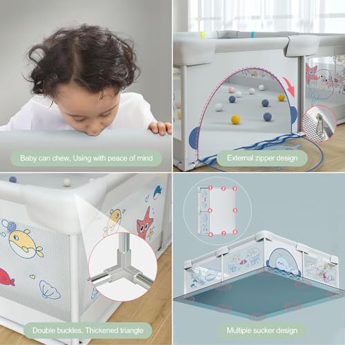 Dawnwake Large Playpen 150 x 180 cm No Mat/Cushion for Toddlers & Kids up to 5 Years with Pit Balls and Anti-Fall Grasp Rings, Playard with Safety Lock (Non-Foldable, Green) - Image 3
