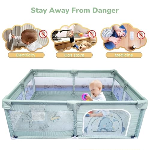 Dawnwake Large Playpen 150 x 180 cm No Mat/Cushion for Toddlers & Kids up to 5 Years with Pit Balls and Anti-Fall Grasp Rings, Playard with Safety Lock (Non-Foldable, Green) - Image 2