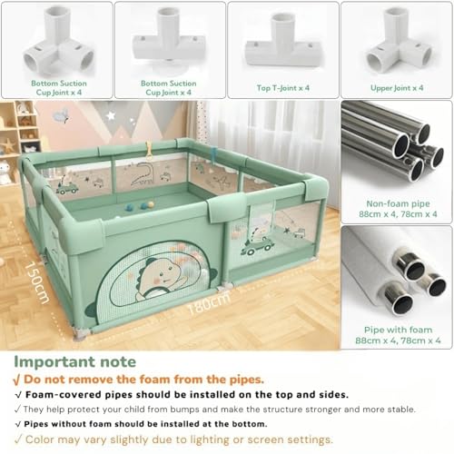 Dawnwake Large Playpen 150 x 180 cm No Mat/Cushion for Toddlers & Kids up to 5 Years with Pit Balls and Anti-Fall Grasp Rings, Playard with Safety Lock (Non-Foldable, Green) - Image 5