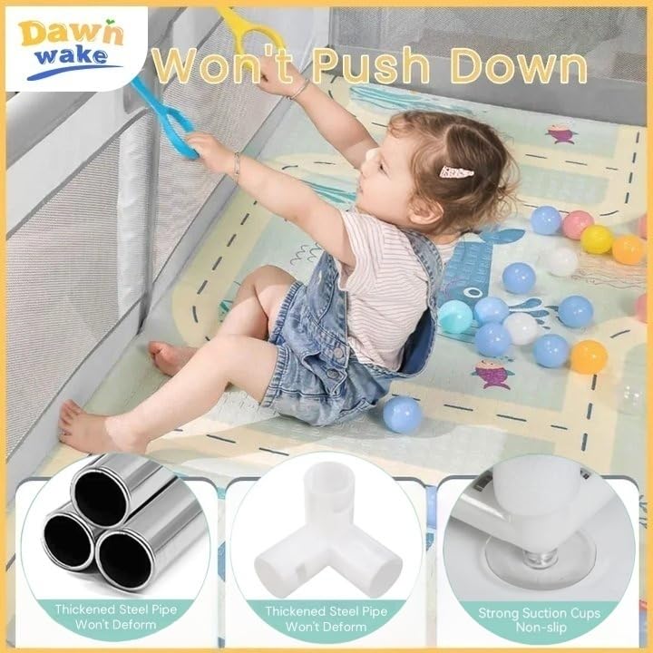 Dawnwake Large Playpen 150 x 180 cm No Mat/Cushion for Toddlers & Kids up to 5 Years with Pit Balls and Anti-Fall Grasp Rings, Playard with Safety Lock (Non-Foldable, Green) - Image 4