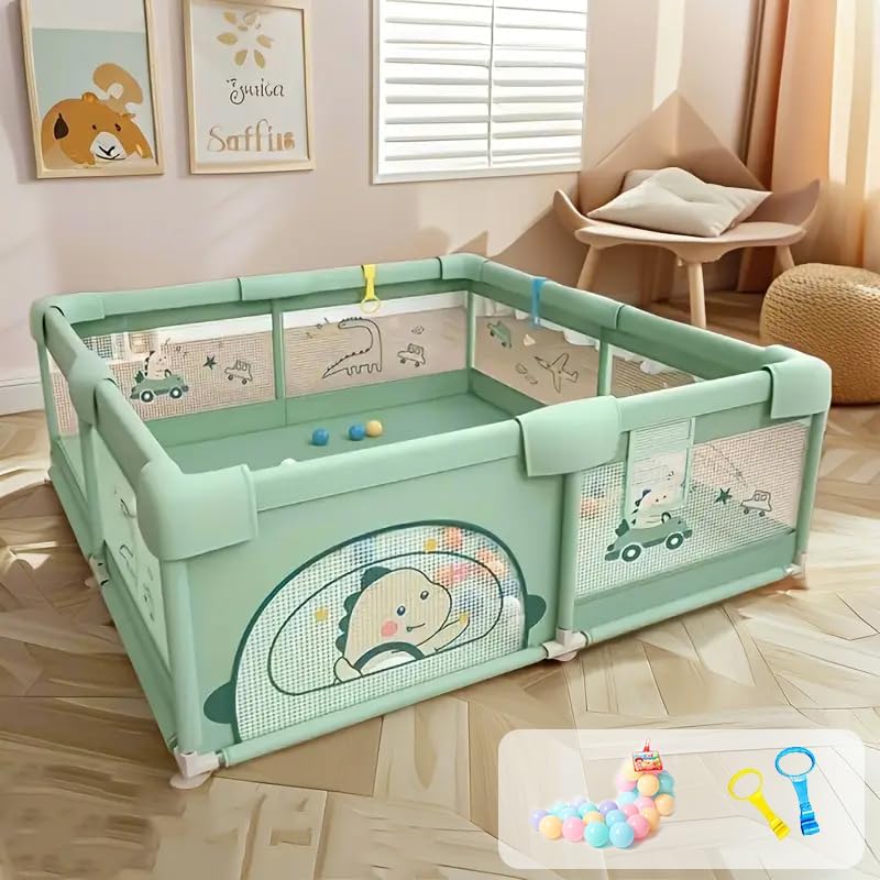 Dawnwake Large Playpen 150 x 180 cm No Mat/Cushion for Toddlers & Kids up to 5 Years with Pit Balls and Anti-Fall Grasp Rings, Playard with Safety Lock (Non-Foldable, Green) - Image 1