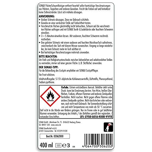 SONAX Foam Upholstery Cleaner 400ml | Deep-Cleaning Foam for Upholstery, Carpets & Textiles | Effectively Removes Stubborn Dirt & Stains, Restores Colors | Easy Vacuum-Off Formula | Art.No.03062000 - Image 2