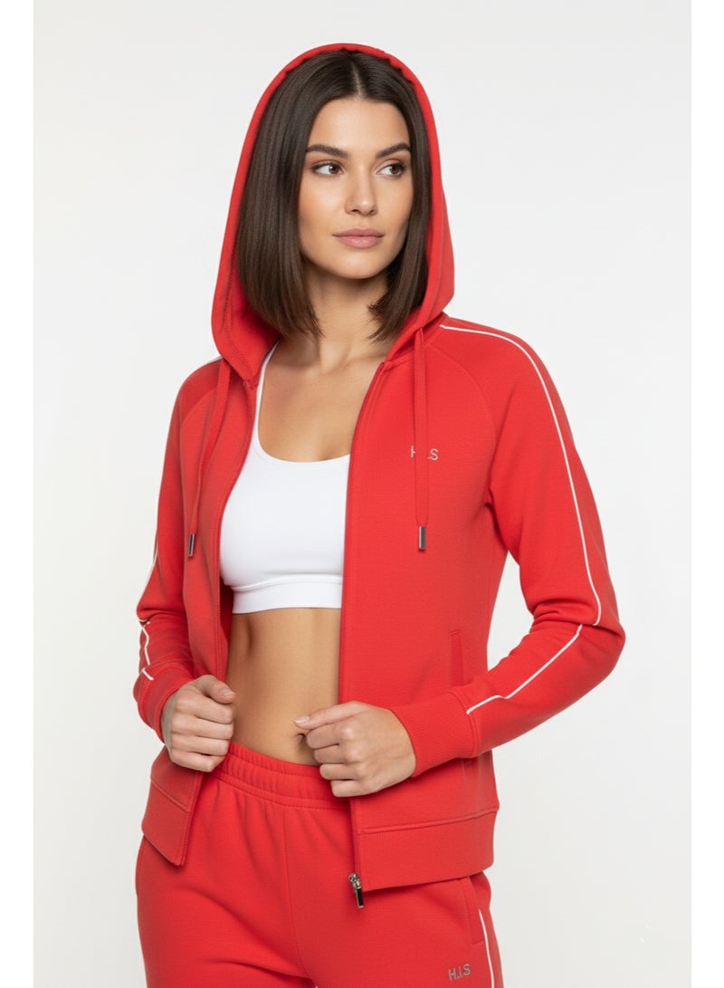 His Women's Red Zip-Up Hoodie – Casual Sweatshirt with White Lines And Adjustable Hood - Image 2