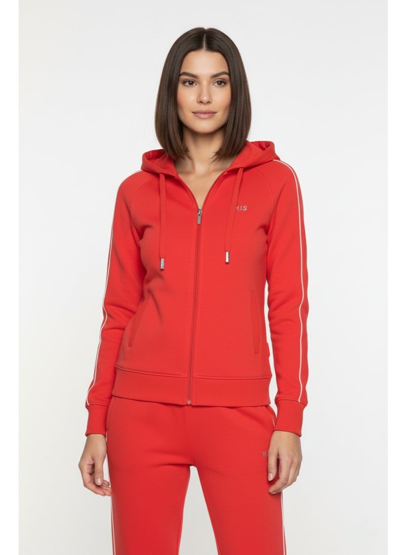 His Women's Red Zip-Up Hoodie – Casual Sweatshirt with White Lines And Adjustable Hood - Image 1