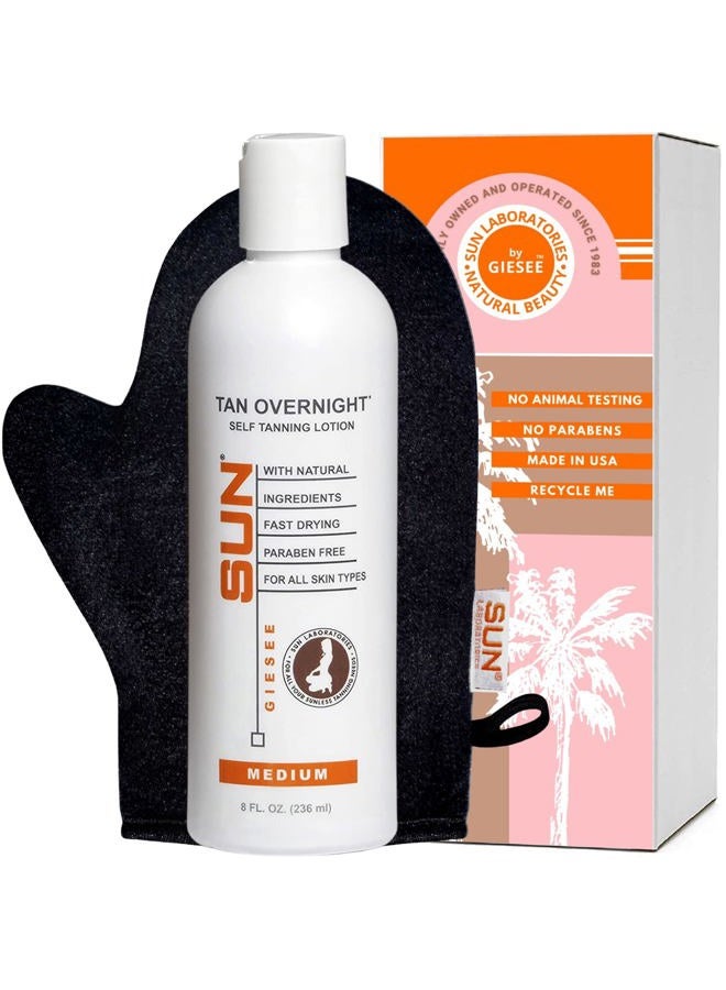 SUN LABORATORIES (237مل (عبوة واحدة)، متوسطة) - لوشن تان ذاتي من صن لابوراتوريز لتسمير البشرة ليلاً بدون شمس وقفاز للحصول على توهج ذهبي - متوسطة - زجاجة 237مل وقفاز - Image 1