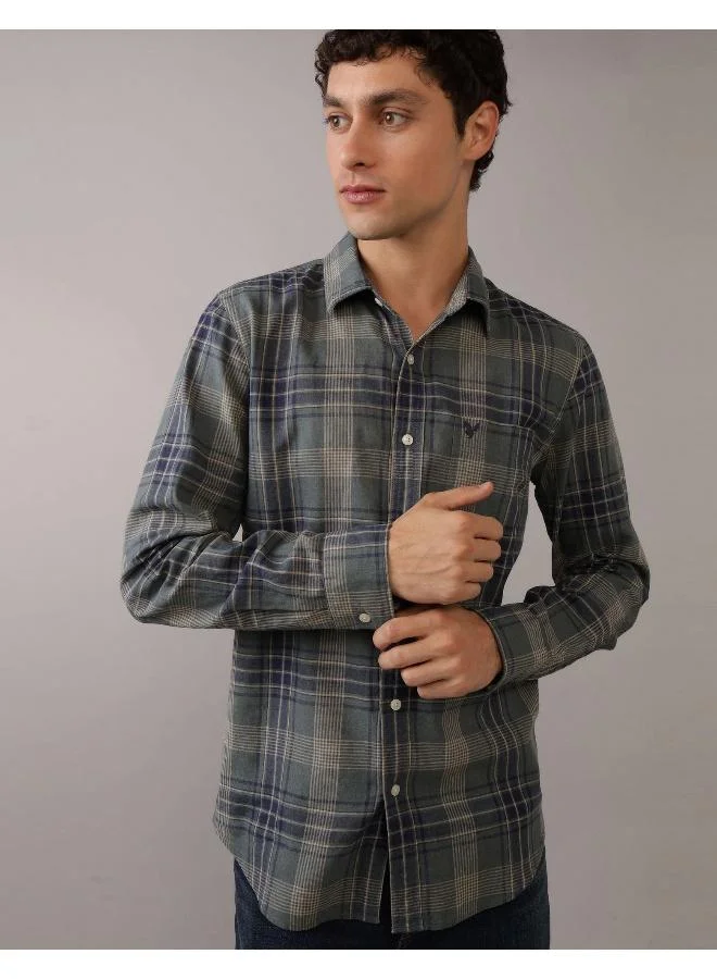 امريكان ايجل AE Slim Fit Everyday Plaid Linen-Blend Button-Up Shirt