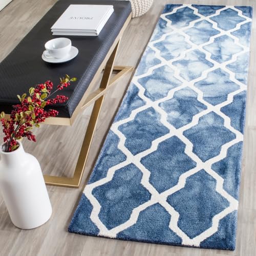 SAFAVIEH Dip Dye Collection 2'3" x 6' Navy/Ivory DDY540N Handmade Moroccan Watercolor Premium Wool Runner Rug - Image 1