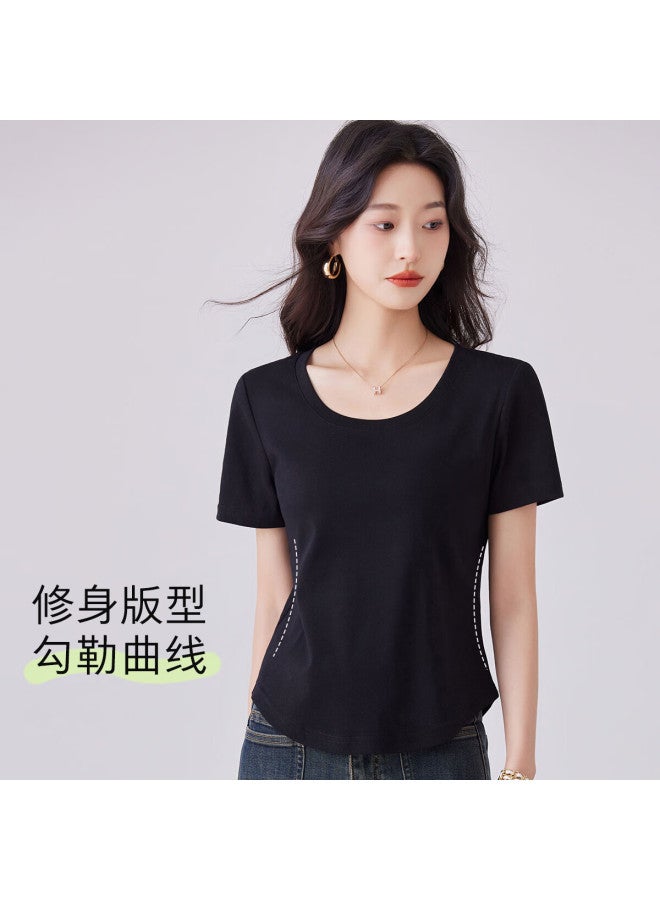 Don't speak Unique Language Round Neck Short Sleeve T-shirt Women's Summer New Slim Fit Inner Irregular Top Short Black S - Image 2