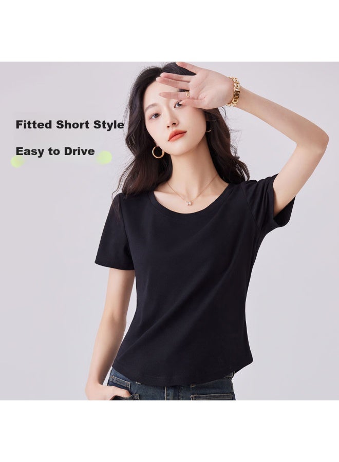 Don't speak Unique Language Round Neck Short Sleeve T-shirt Women's Summer New Slim Fit Inner Irregular Top Short Black S - Image 5