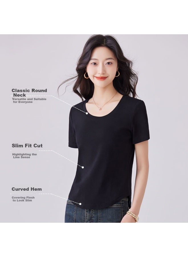 Don't speak Unique Language Round Neck Short Sleeve T-shirt Women's Summer New Slim Fit Inner Irregular Top Short Black S - Image 3