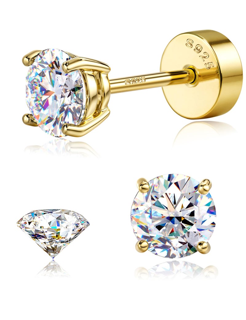 GEMQUEEN Moissanite Earrings Studs : D Color VVS1 Hypoallergenic 14K Gold Plated Flat Back 925 Sterling Silver Earring for Women Men Cartilage Helix Conch Piercing Jewelry Brilliant Round Cut 4mm - Image 1