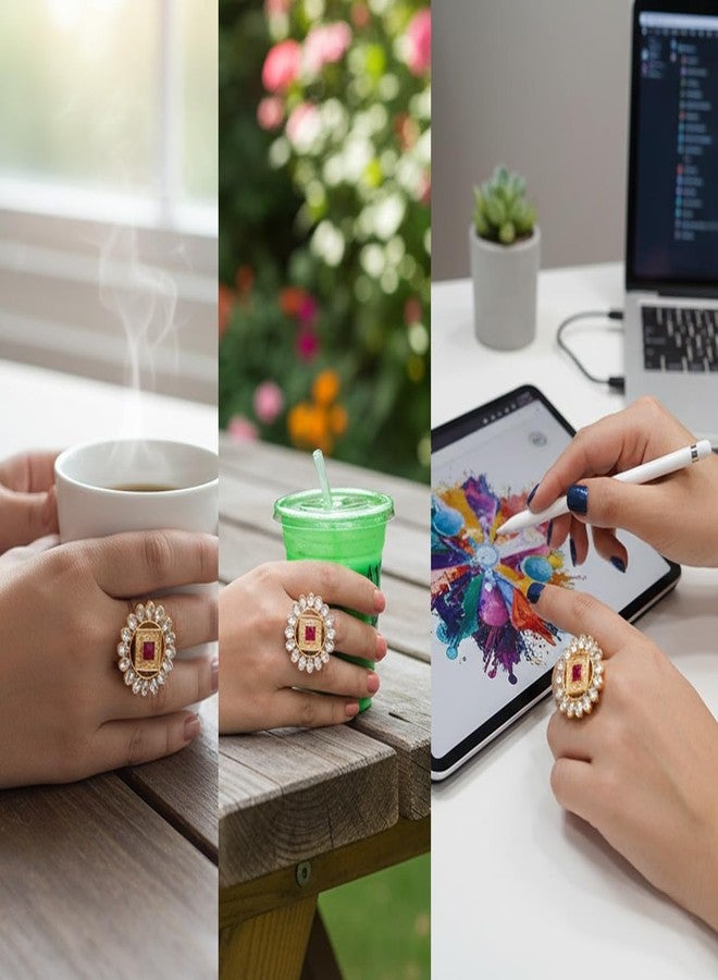 Touchstone New! Touchstone Indian Bollywood Pretty Royal Rajwada Floral Rich Kundan Look Faux Ruby Adjustable Size Designer Wedding Jewelry Cocktail Finger Ring in Gold Tone for Women. - Image 5