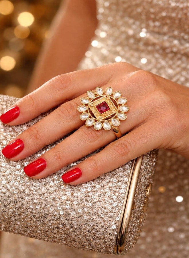 Touchstone New! Touchstone Indian Bollywood Pretty Royal Rajwada Floral Rich Kundan Look Faux Ruby Adjustable Size Designer Wedding Jewelry Cocktail Finger Ring in Gold Tone for Women. - Image 4