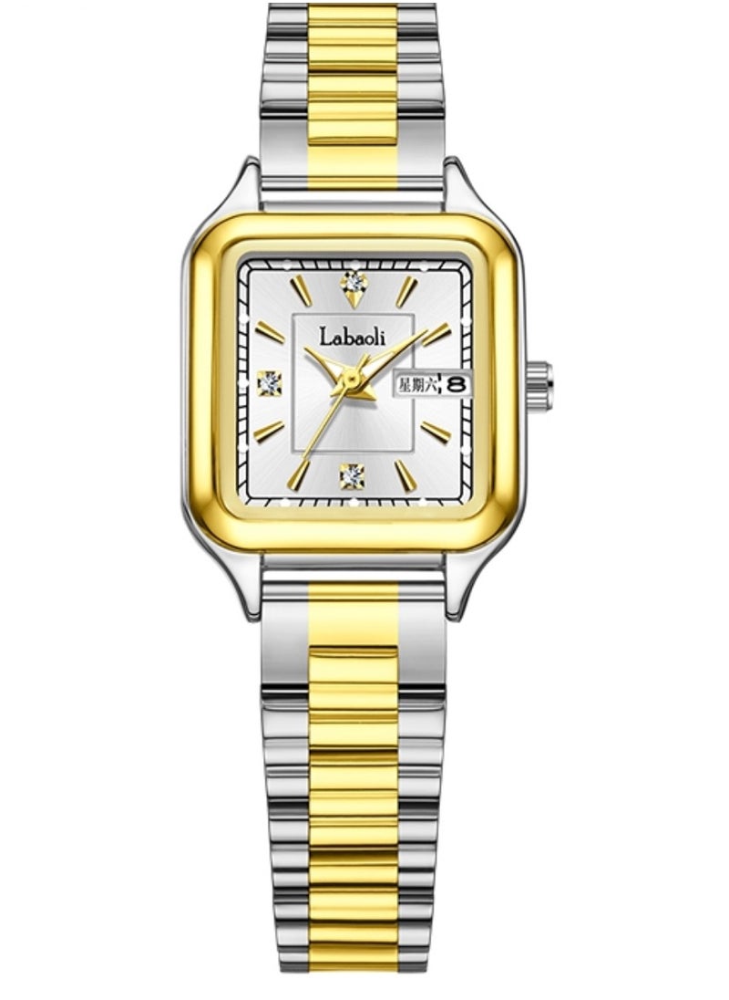 Labaoli Women’s Quartz Square Watch Gold and Silver Tone with Dual Calendar Stainless Steel Water Resistant  - Image 2