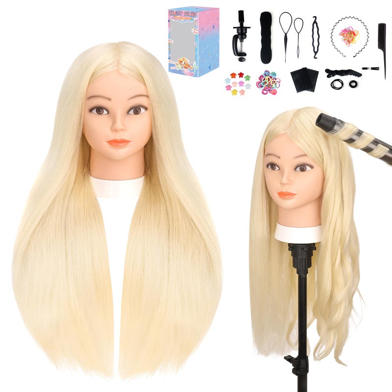Yofuly Mannequin Head with 70% Human Hair, Yofuly 26" Gold Real Human Hair Training Head, Cosmetology Doll Head with Clamp Holder & Tools, Practice Doll Head for Hair Styling, Braiding, Curling and Cutting - Image 2