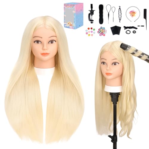 Yofuly Mannequin Head with 70% Human Hair, Yofuly 26" Gold Real Human Hair Training Head, Cosmetology Doll Head with Clamp Holder & Tools, Practice Doll Head for Hair Styling, Braiding, Curling and Cutting - Image 1