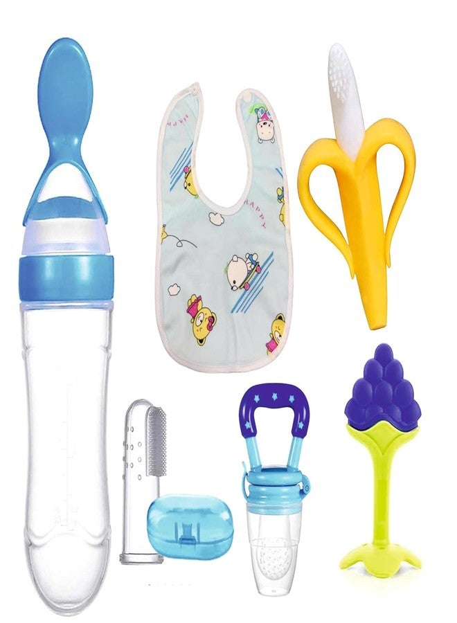Roforuf Silicone Baby Food Dispensing Spoon Bottle 90ML 1pc, Fruit Feeder/Nibbler/Pacifier 1pc, Silicone Banana Teether 1pc, Fruit Shape Teether 1pc, Finger Tooth Brush 1pc And Baby bib 1pc (combo 6 with banana) - Image 1