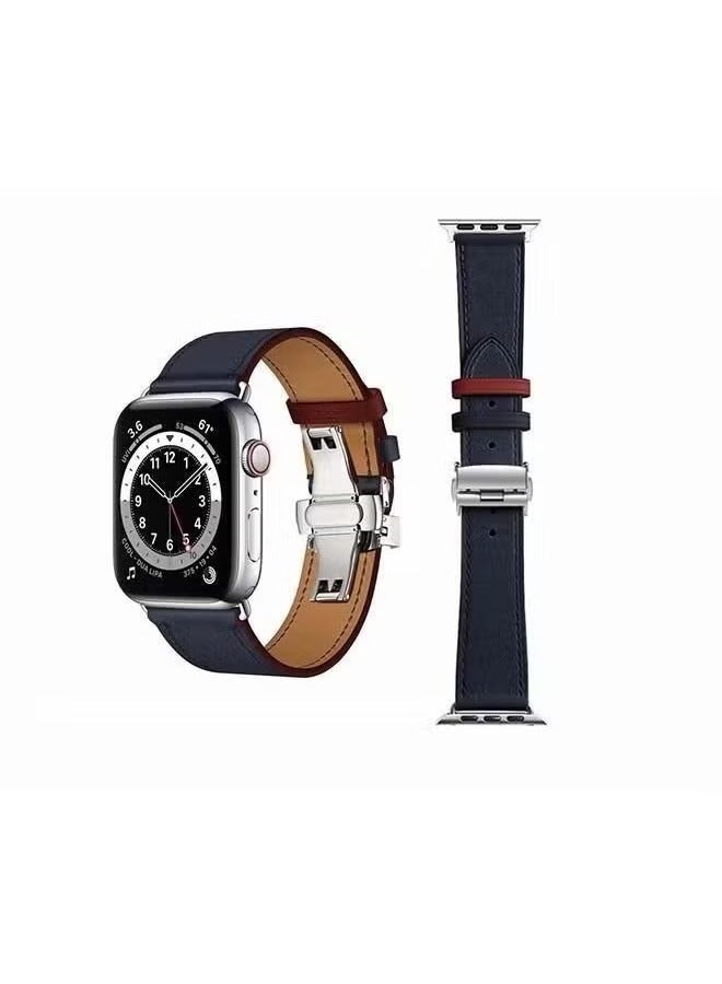 vesus Genuine Leather Replacement Band with Silver Buckle for Apple Watch Series 6/SE/5/4/3/2/1 44/42mm Blue