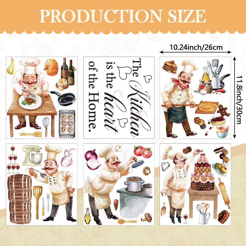 Chinco Chefs Peel and Stick Wall Decals Italian Fat Chefs Cooking Wall Sticker Wine Cake for Kitchen Restaurant Dining Room Home Decoration, 6 Sheets - Image 2