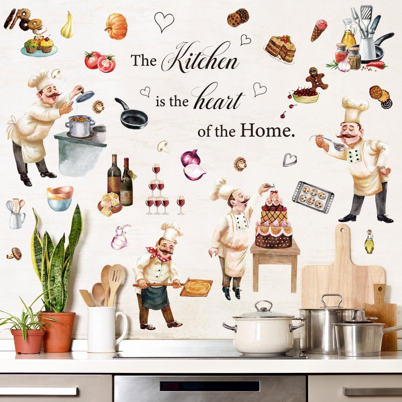 Chinco Chefs Peel and Stick Wall Decals Italian Fat Chefs Cooking Wall Sticker Wine Cake for Kitchen Restaurant Dining Room Home Decoration, 6 Sheets - Image 1