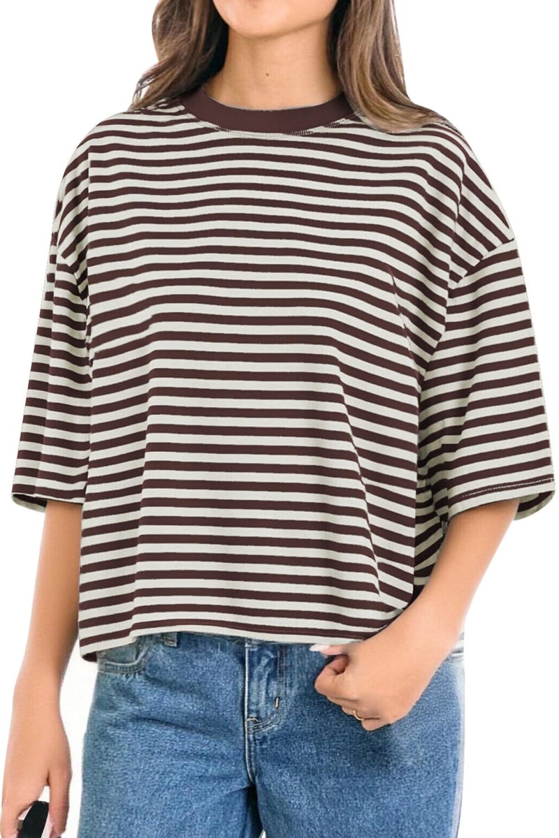 CHYRII Womens Oversized Striped Short Sleeve T Shirts Fashion 2026 Loose Fit Casual Summer Y2K Clothes (Coffee S) - Image 2