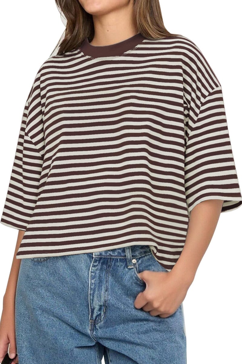 CHYRII Womens Oversized Striped Short Sleeve T Shirts Fashion 2026 Loose Fit Casual Summer Y2K Clothes (Coffee S) - Image 1