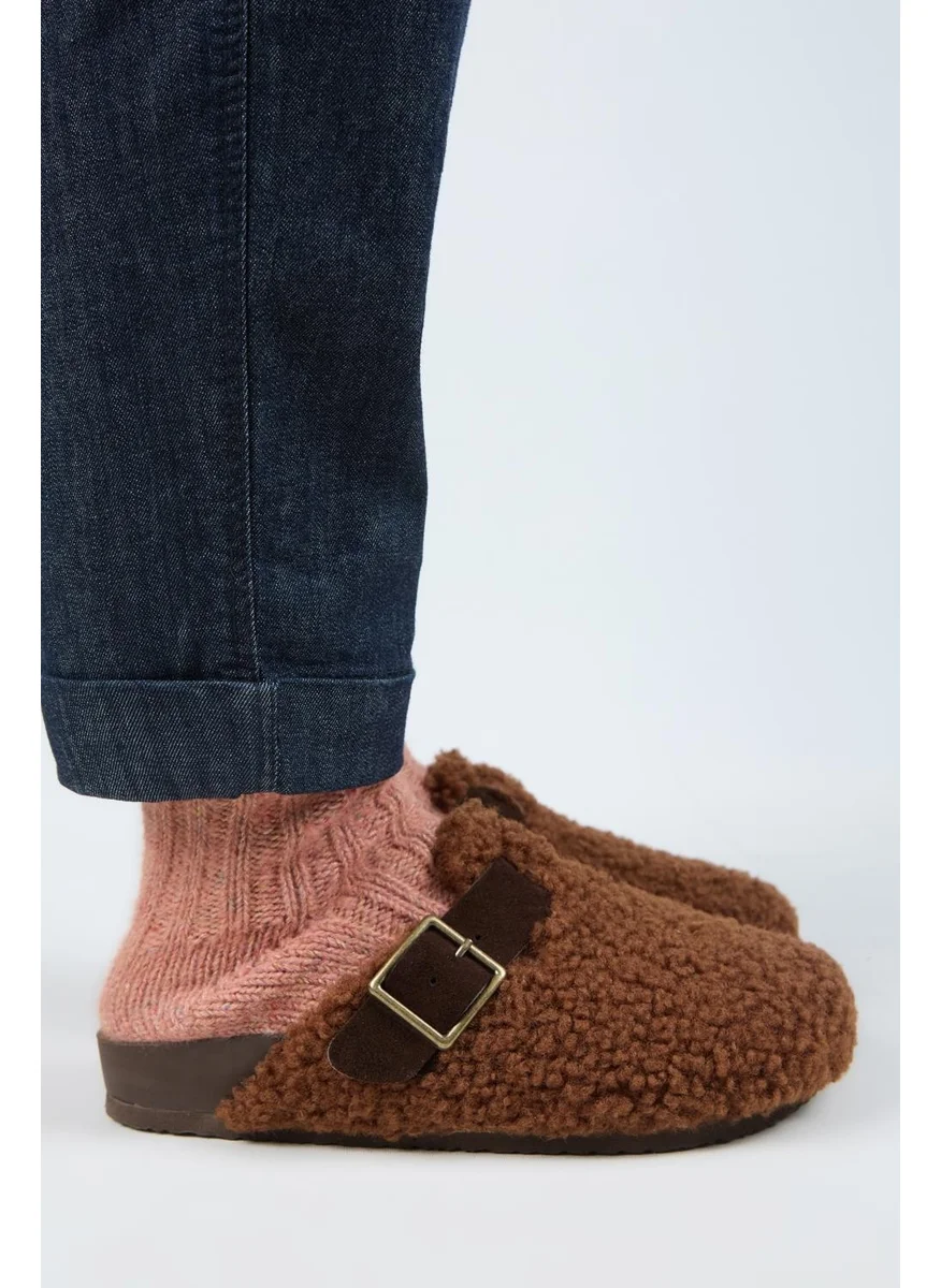 Manijero Suzen Women's Leather Belted Tedy Brown Slippers