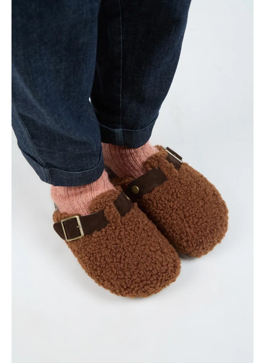 Manijero Suzen Women's Leather Belted Tedy Brown Slippers