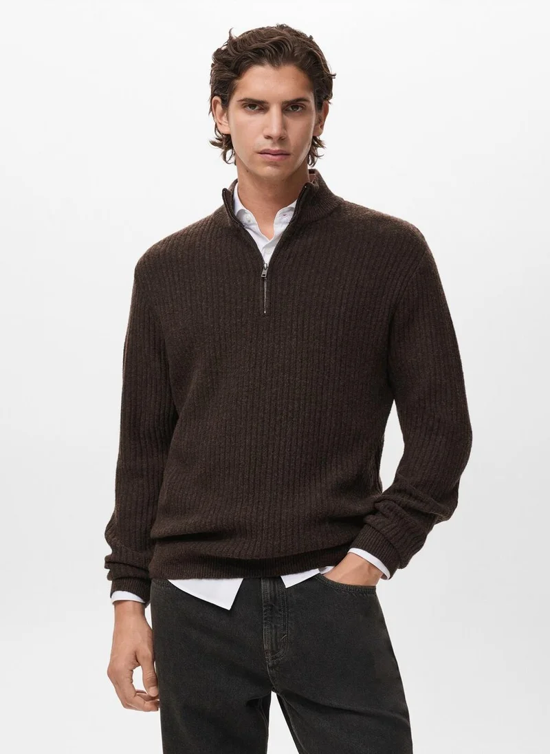 Mango Man Ribbed sweater with zip neck