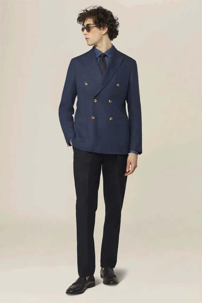 Doppelganger Unlined double-breasted men's jacket in 100% linen - Blue
