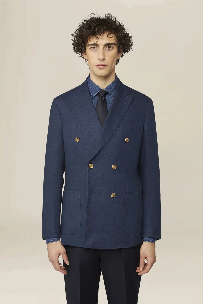 Doppelganger Unlined double-breasted men's jacket in 100% linen - Blue