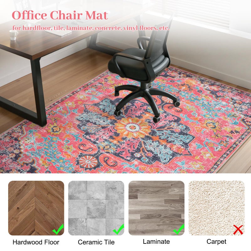 Anidaroel Office Chair Mat for Hardwood Floor, 48"x60" Office Rug for Rolling Chair, Desk Floor Mats for Office Chair, Anti-Slip Computer Gaming Chair Mat, Easy to Roll, Fuchsia/Multi - Image 3